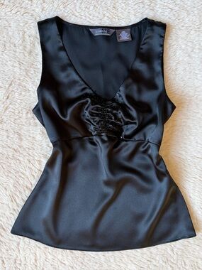 Y2K Vintage George Satin Babydoll Beaded Romantic Whimsigoth Tank Top Blouse XS